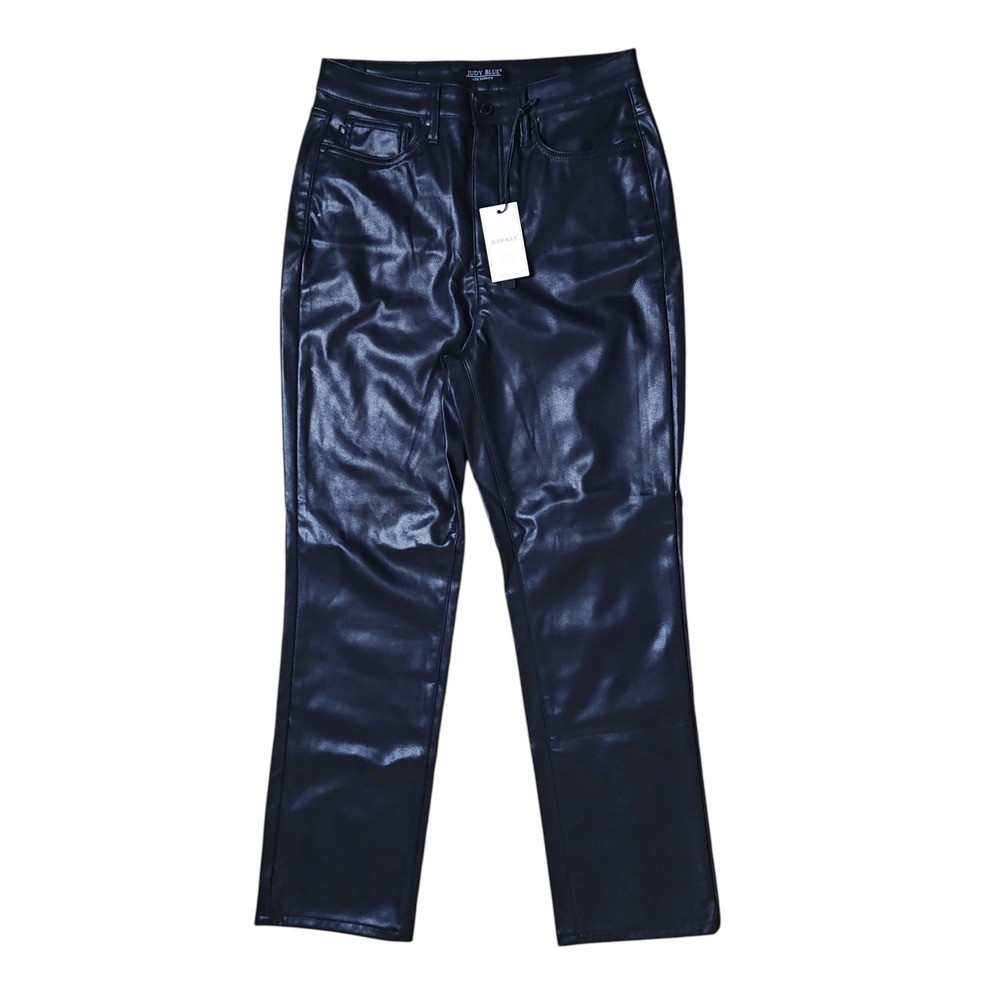Judy Blue Tummy Control Black Faux Leather Straight Leg Pants High Rise 7/28 NEW